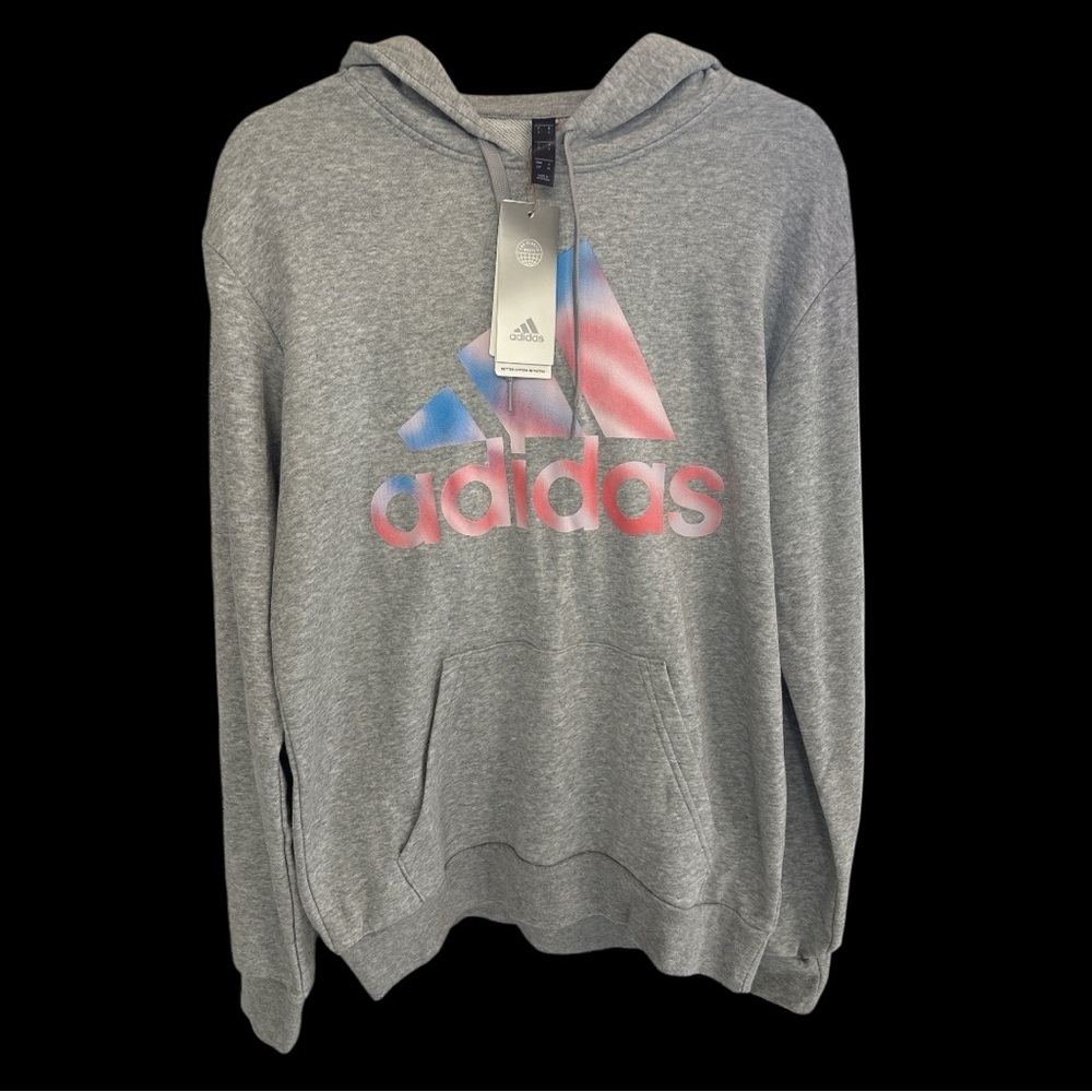 NWT Men’s Adidas Gray Hoodie with Pink and Blue Logo, Size Small